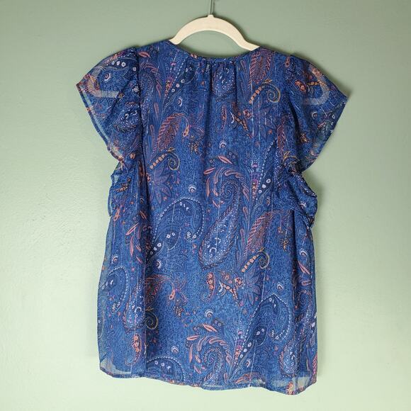 Lucky Brand Women's Blue Paisley Floral Flutter Sleeve Boho Blouse Size Large - Picture 2 of 7